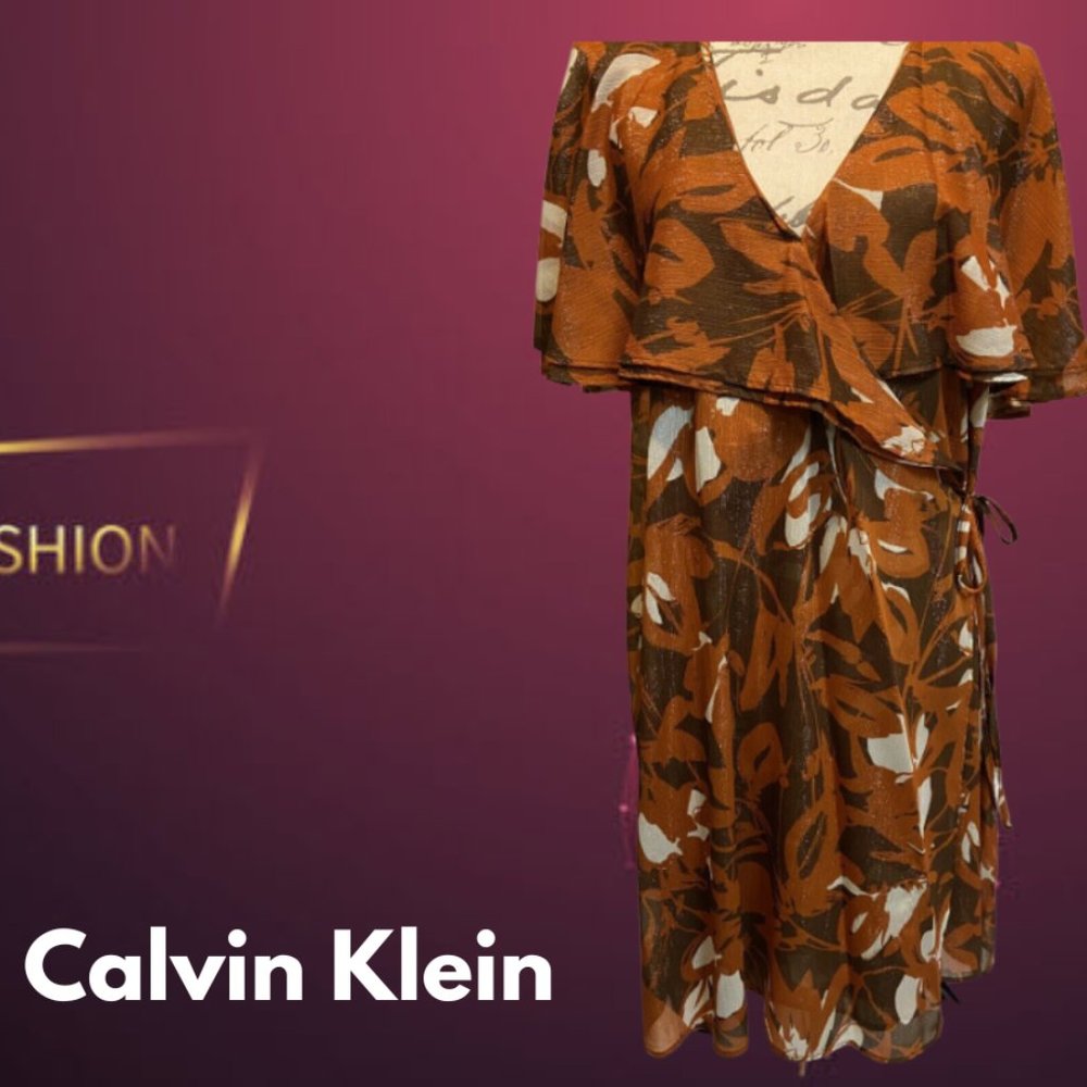 CALVIN KLEIN Women’s Fully Lined Flutter Sleeve Faux Wrap Dress 14